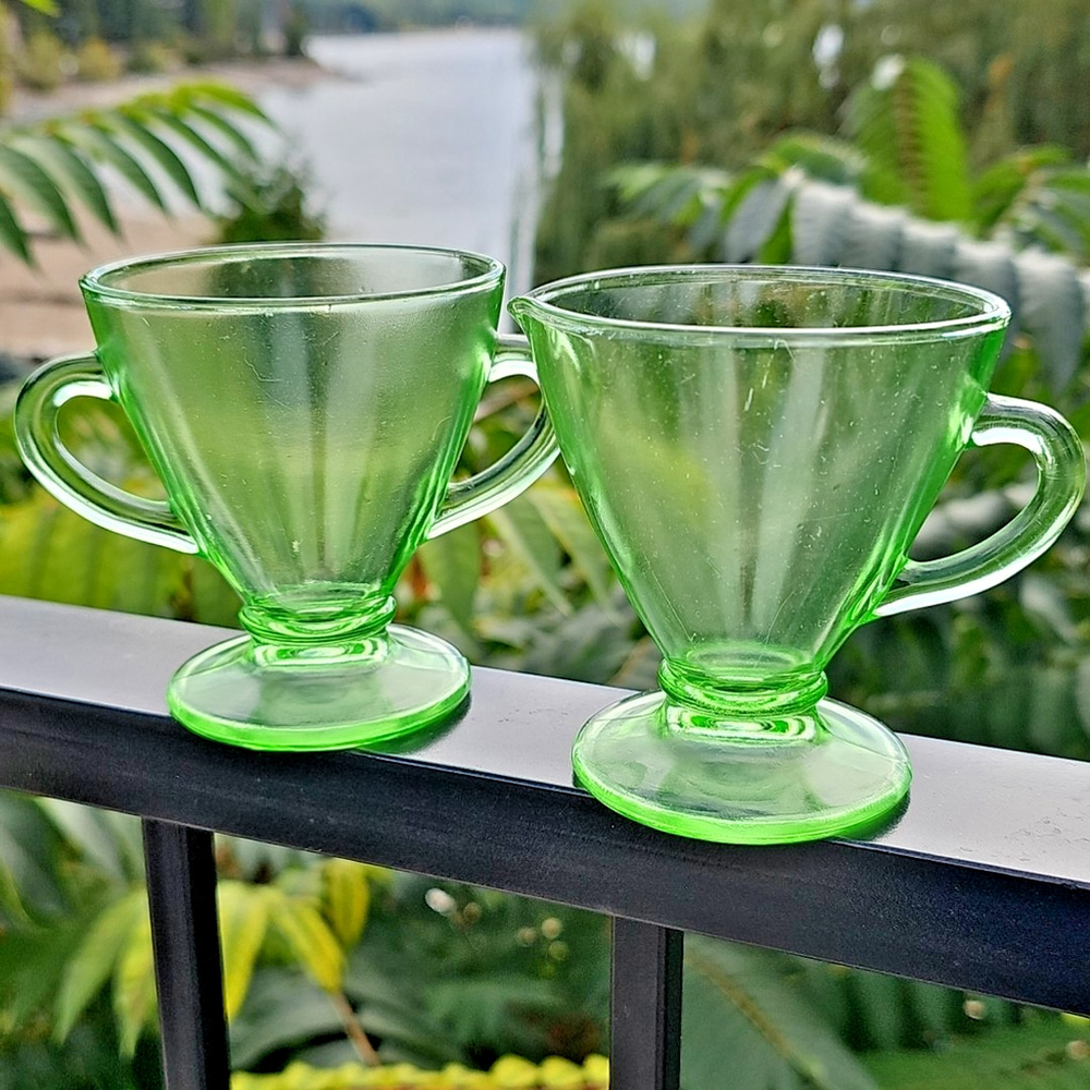 Uranium Glass Depression Glass Geiger UV Tested Sugar And Milk Cups Gorgeous!